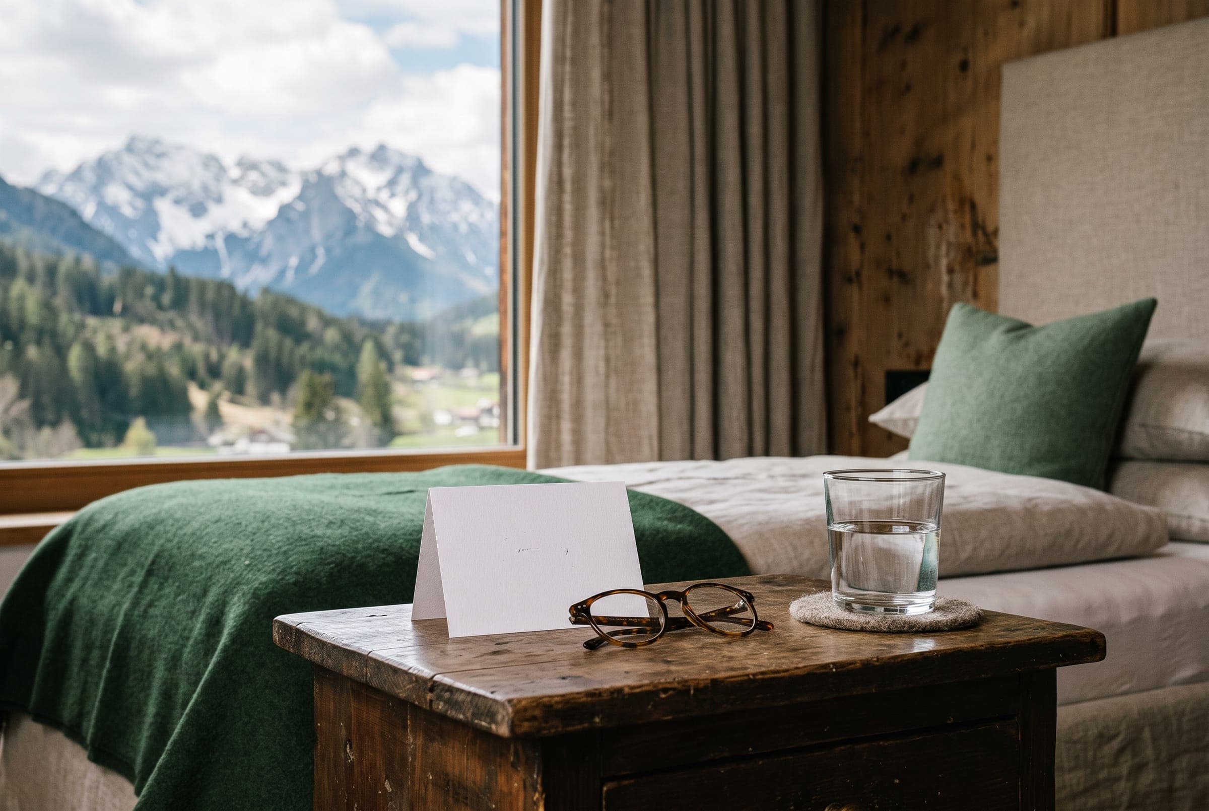 Nachttisch in einem Gästezimmer mit kleinem Aufsteller und Lesebrille, Bergblick im Fenster