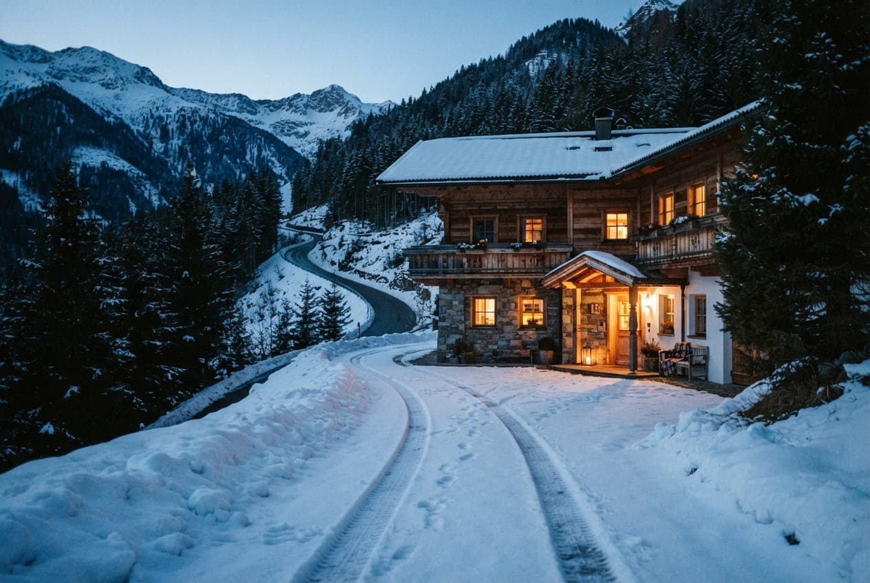 Verschneite Zufahrt zu einem Berggasthof am frühen Abend, Schneefall vor warm beleuchteten Fenstern