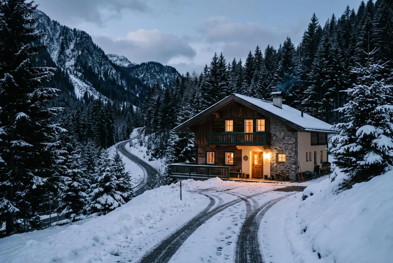 Snowy driveway to a mountain inn in the early evening, snow falling in front of warmly lit windows