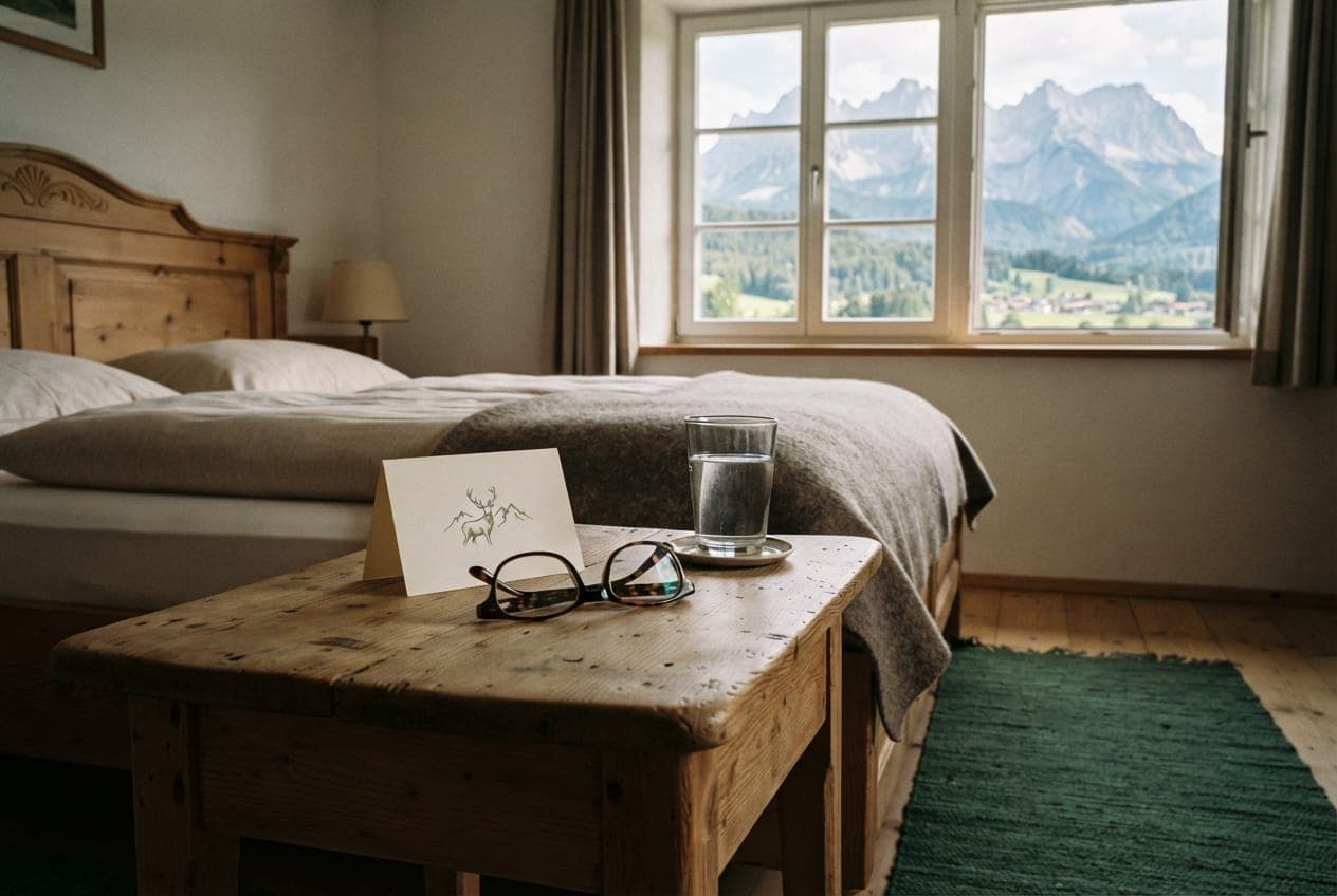 Nachttisch in einem Gästezimmer mit kleinem Aufsteller und Lesebrille, Bergblick im Fenster