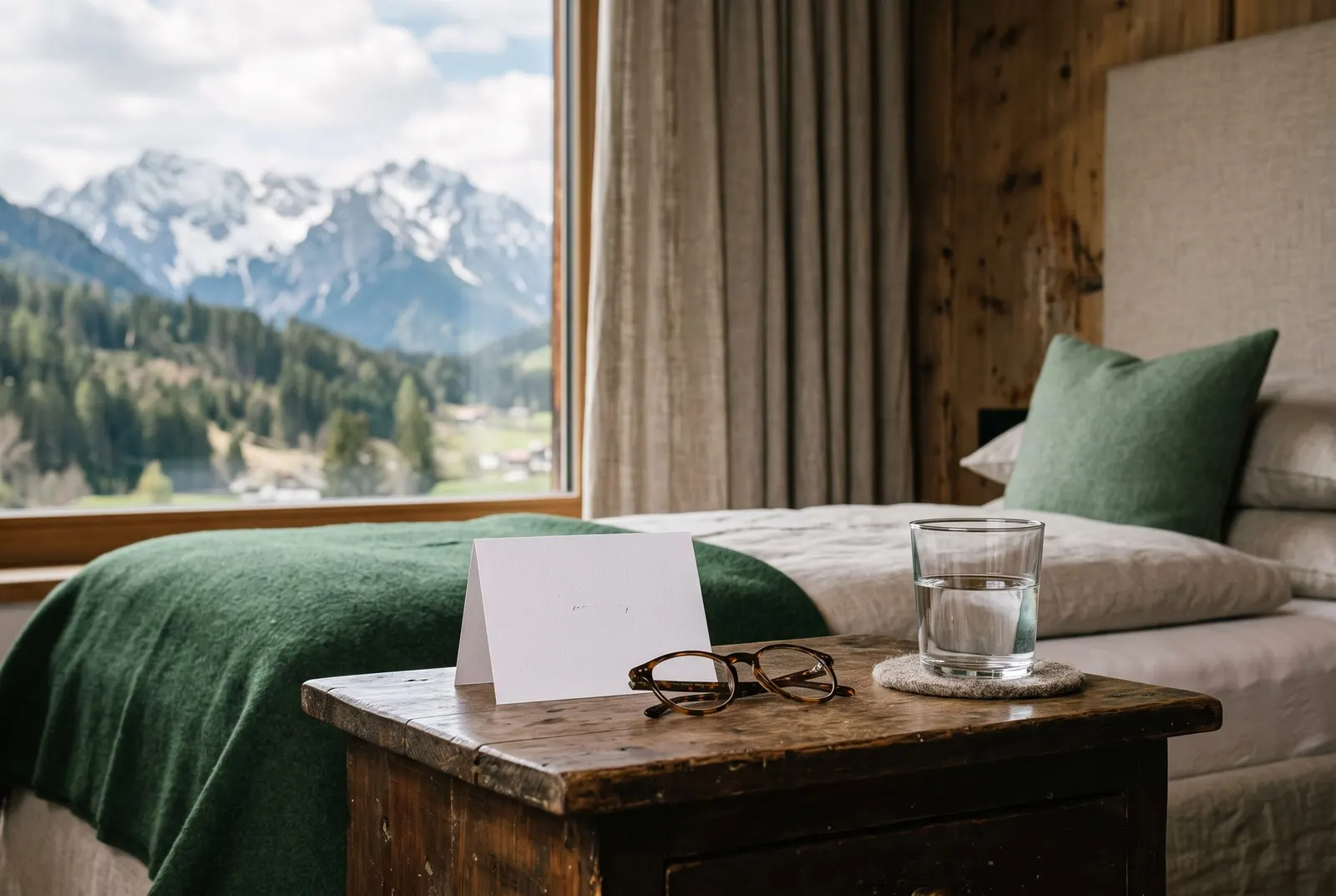 Bedside table in a guest room with a small stand and reading glasses, mountain view in the window