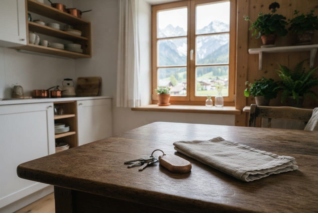 Aufgeräumter Tisch in einer Ferienwohnung mit Schlüsselbund und Hausschlüssel-Anhänger