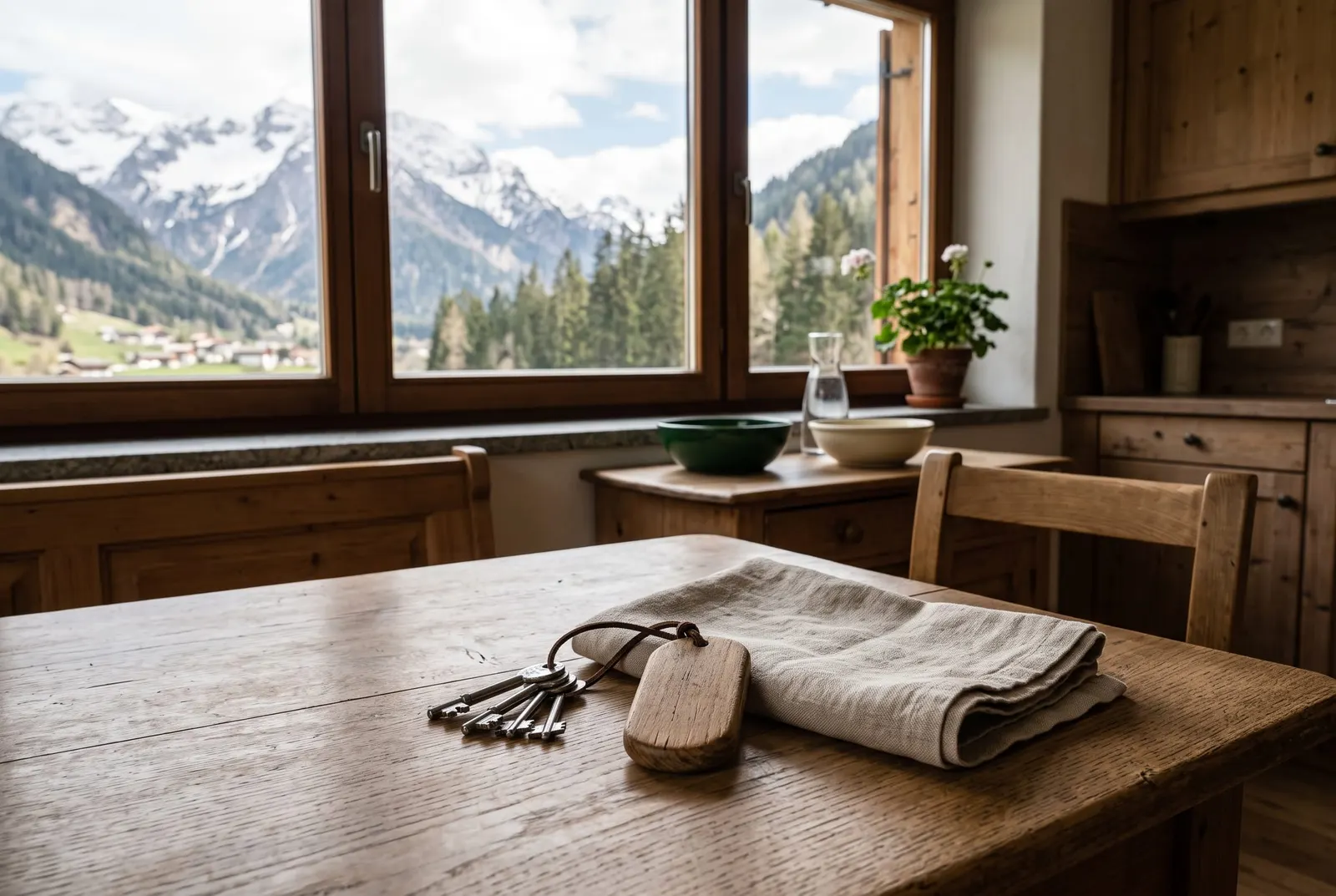 Tidy table in a holiday apartment with a bunch of keys and a house key tag