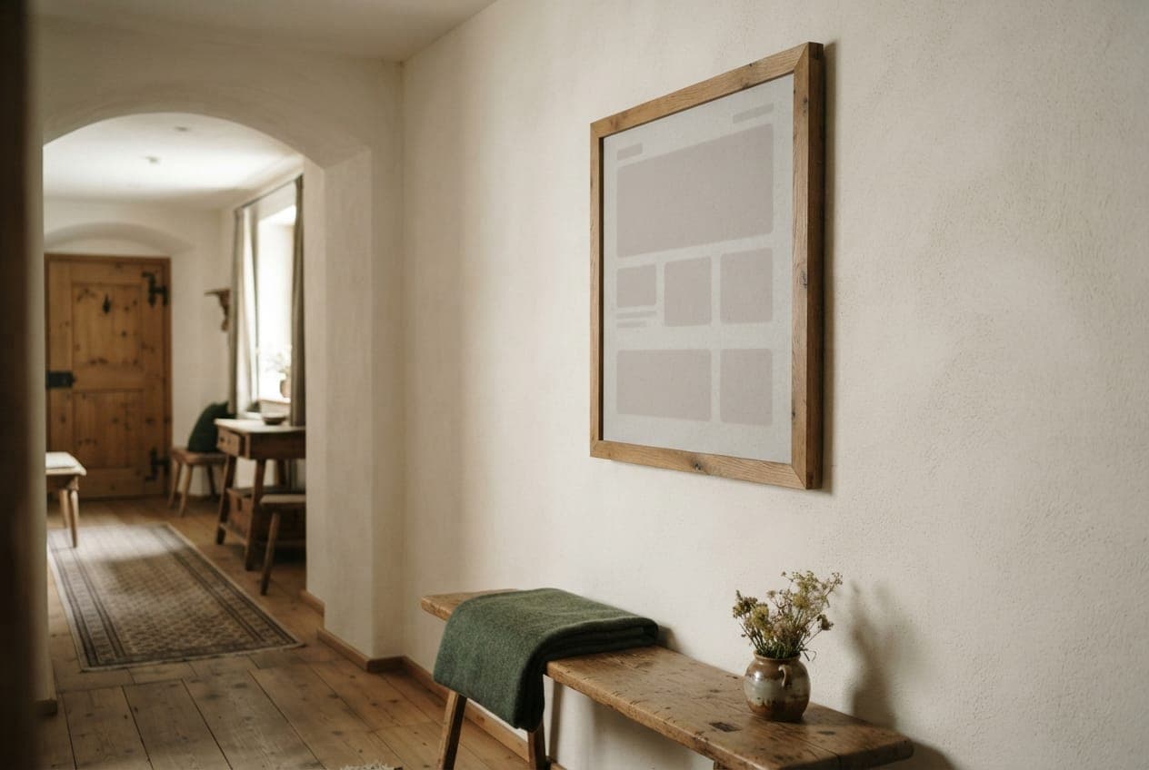 Tafel im Eichenrahmen mit matter, papierartiger Anzeigefläche an einer Flurwand eines Gasthauses
