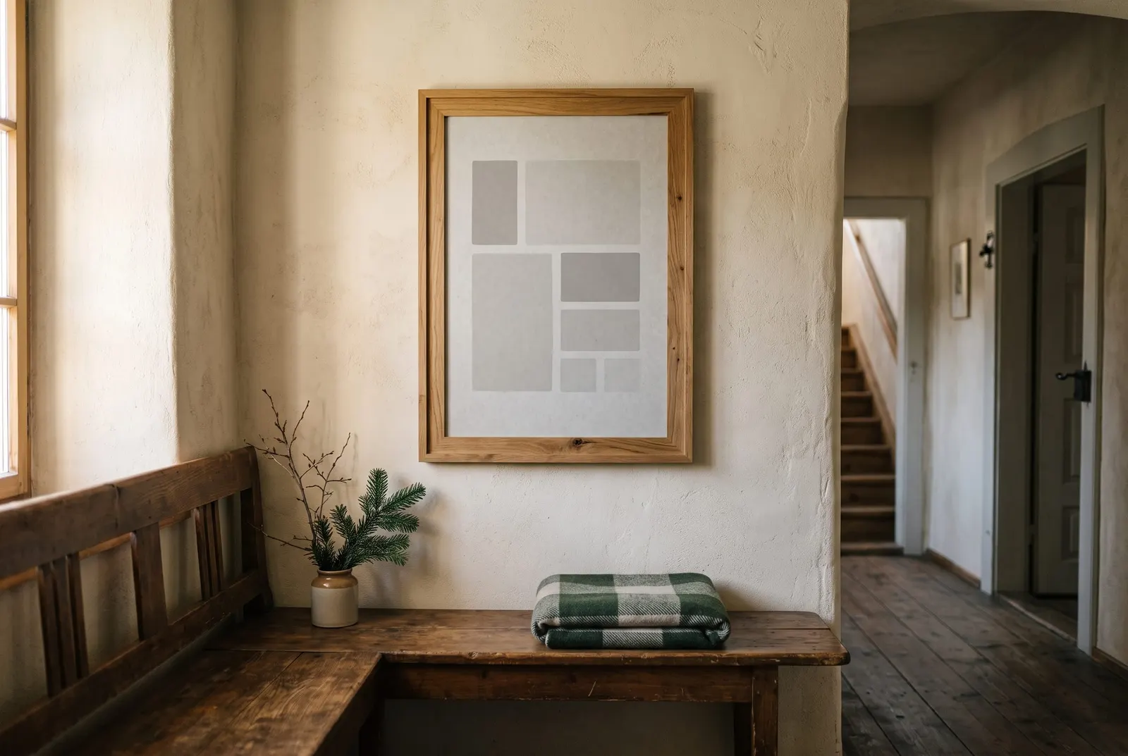 Board in an oak frame with a matt, paper-like display surface on a corridor wall of an inn