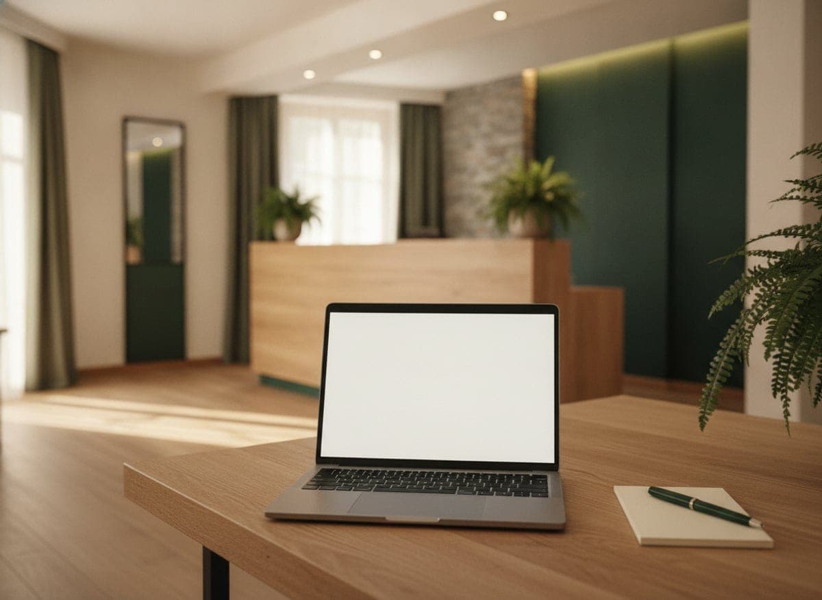 Bild: Aufgeklappter Laptop auf Schreibtisch im Hotelzimmer mit Stift und Notizblock