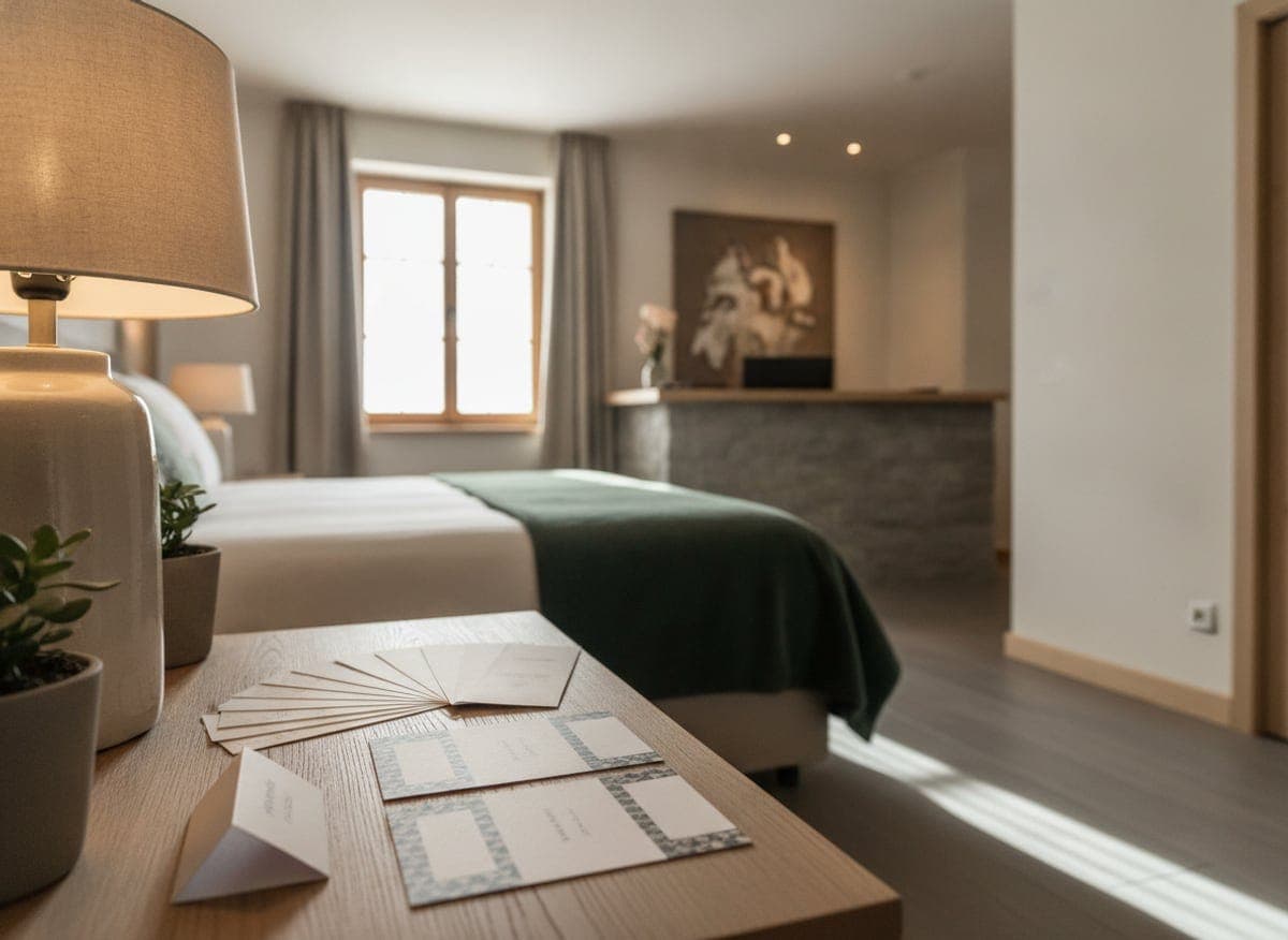 Bild: Informationskarten und ausgedruckte Notizen auf dem Nachttisch eines Hotelzimmers neben einer Leuchte
