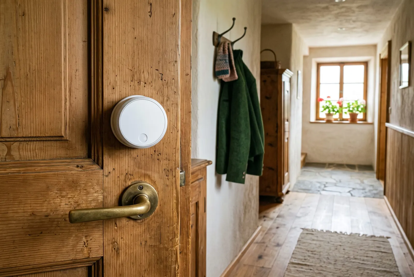 Electronic door lock on a cylinder on the inside of a wooden door