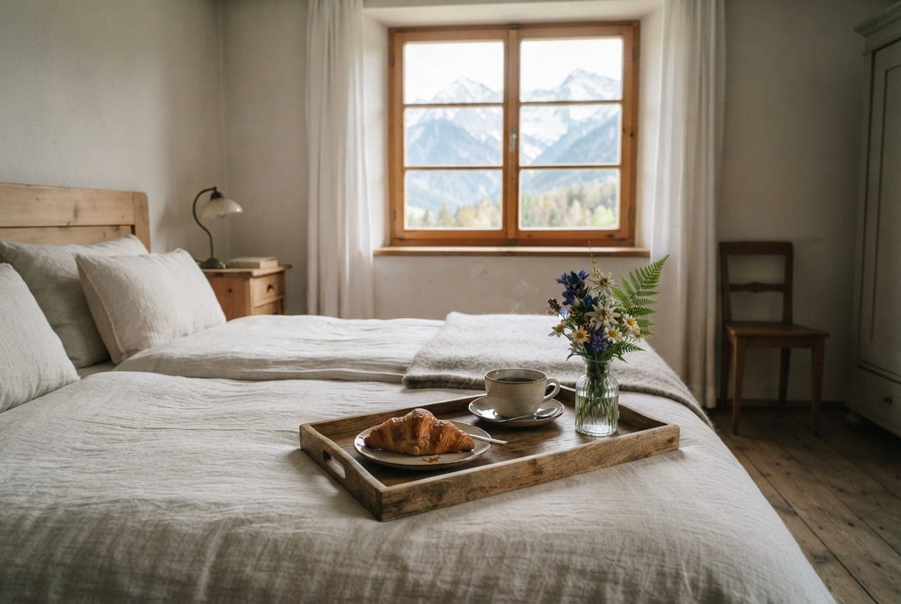 Frühstückstablett mit Croissant, Kaffee und Blumen auf einem Hotelbett im Morgenlicht