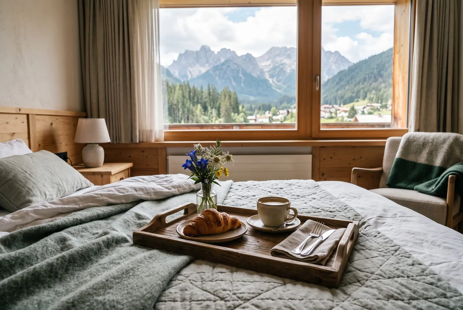 Breakfast tray with croissant, coffee and flowers on a hotel bed in the morning light
