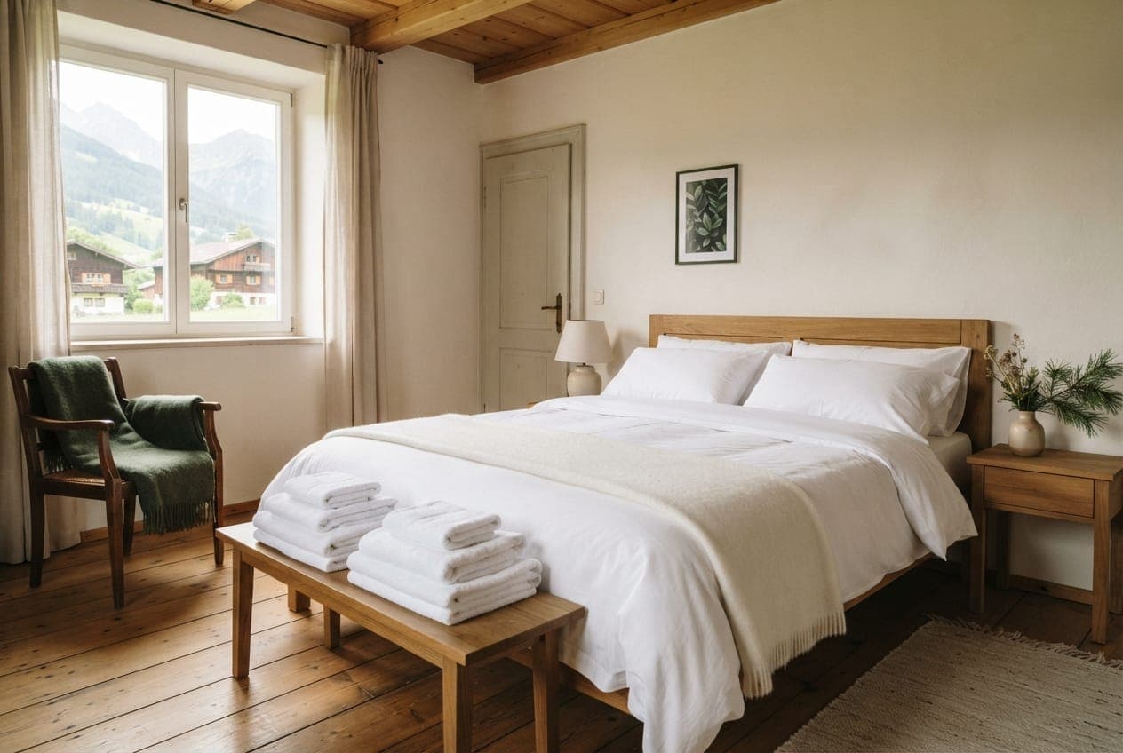 Frisch bezogenes Bett und gefaltete Handtücher in einer hellen Ferienwohnung