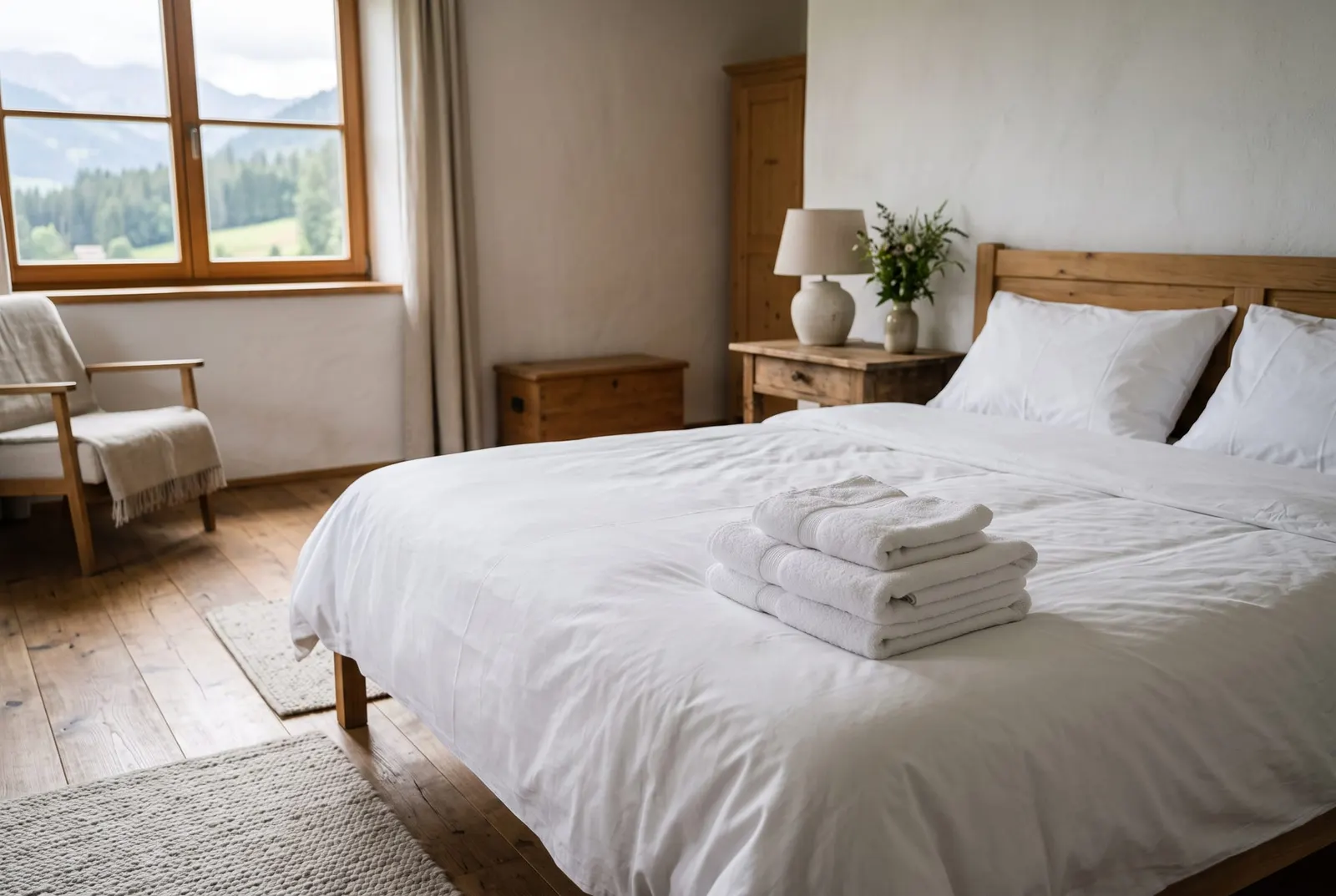Freshly made bed and folded towels in a bright holiday apartment