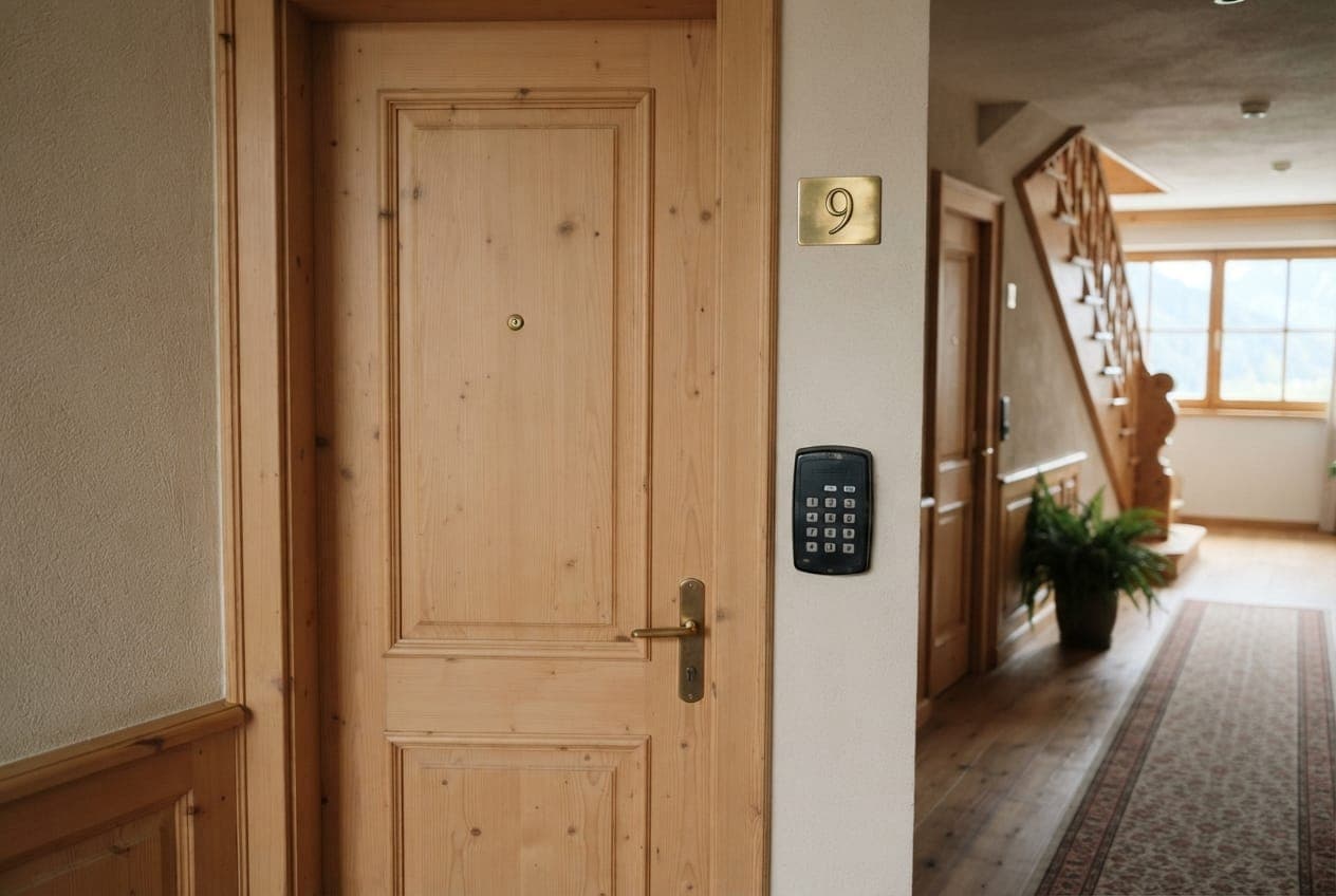 Keypad eines elektronischen Türschlosses an einer hellen Holztür einer Ferienwohnung, Morgenlicht im Flur
