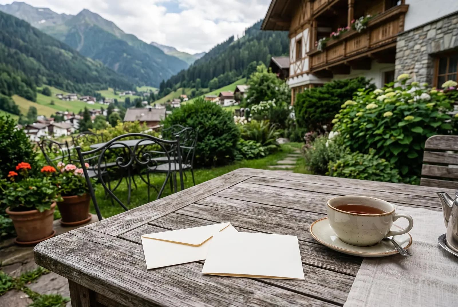 Handwritten card and envelope on a wooden table with a view into the garden