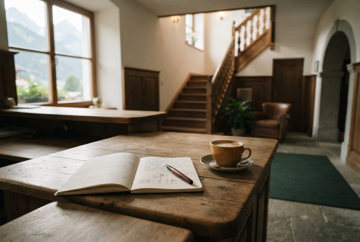 Rezeptionstresen aus Holz im Morgenlicht mit Notizbuch, Stift und einer Tasse Kaffee