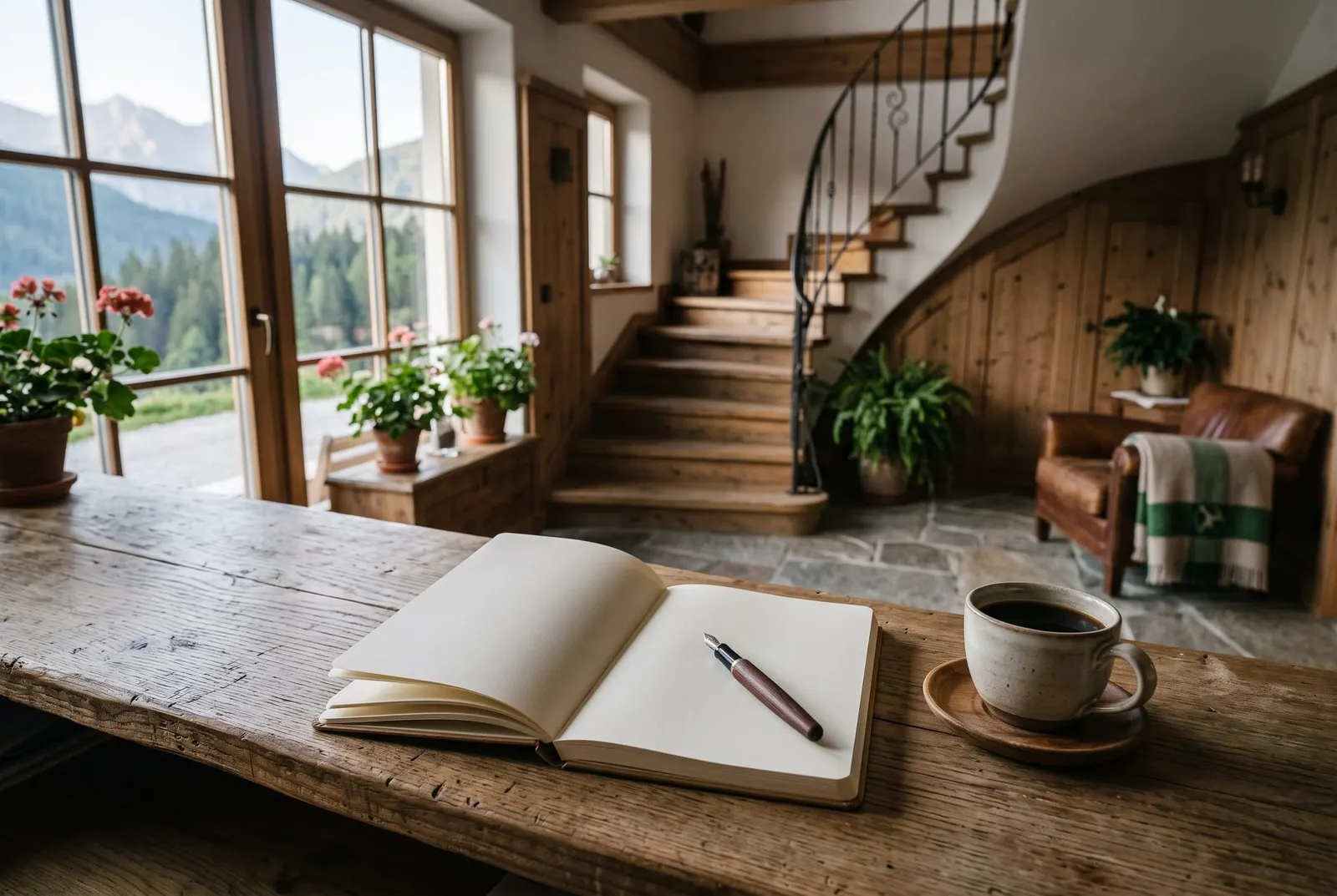 Wooden reception desk in the morning light with a notebook, pen and a cup of coffee