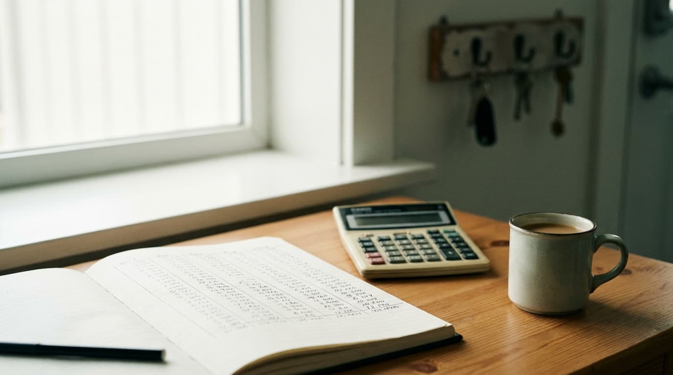 Notizbuch mit Zahlenkolonnen, Taschenrechner und Kaffeetasse auf einem Holztisch am Fenster
