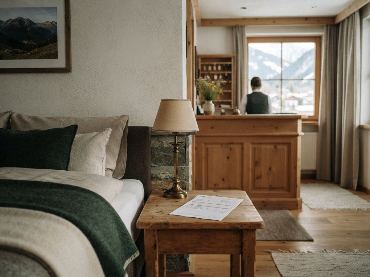 Bild: Hotelzimmer mit Holzbett, grüner Wolldecke und Leinenkissen, Nachttisch mit Messinglampe und weißem Papier, Fenster mit Alpenblick im Hintergrund, natürliches Morgenlicht.