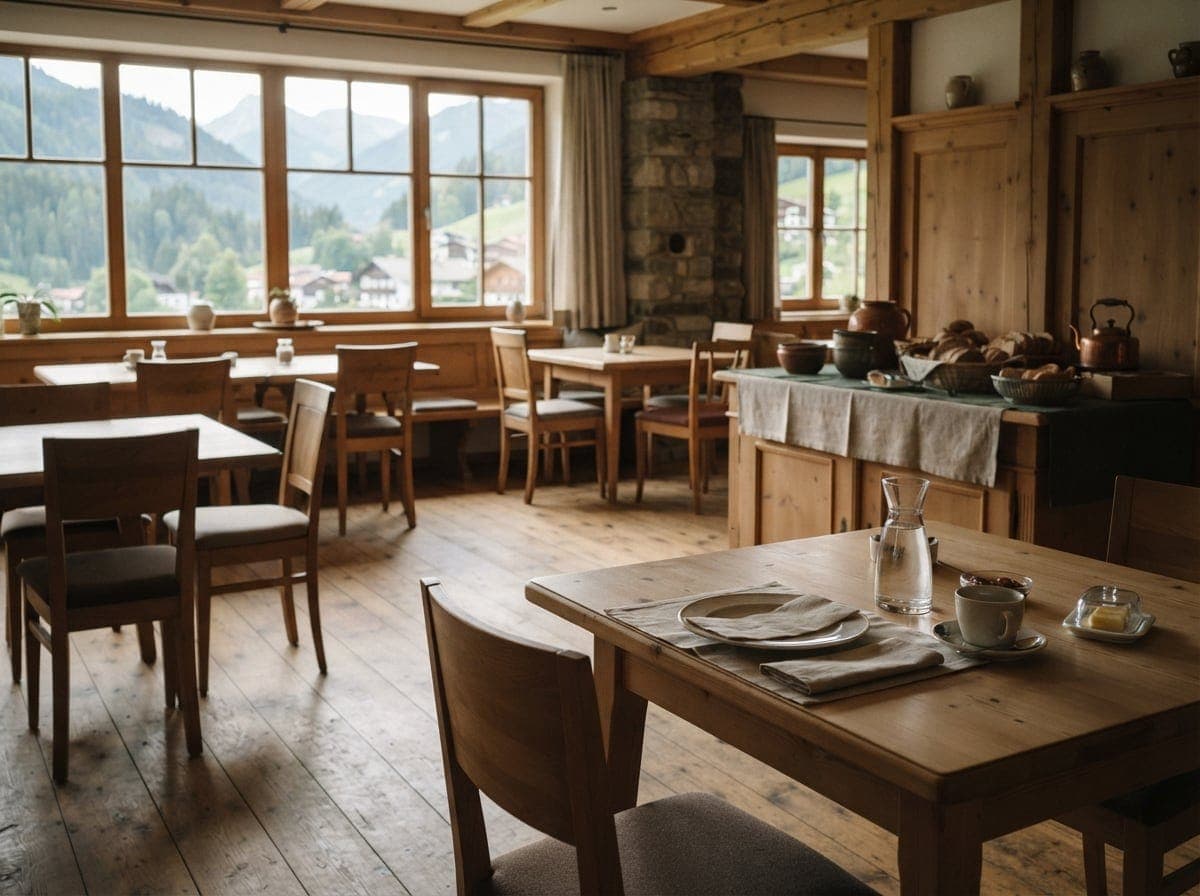 Bild: Frühstücksraum eines Boutiquehotels mit Holzdecken und Fensterfront zu Berglandschaft, im Vordergrund gedeckter Tisch mit Teller, Glas und Karaffe im Morgenlicht.