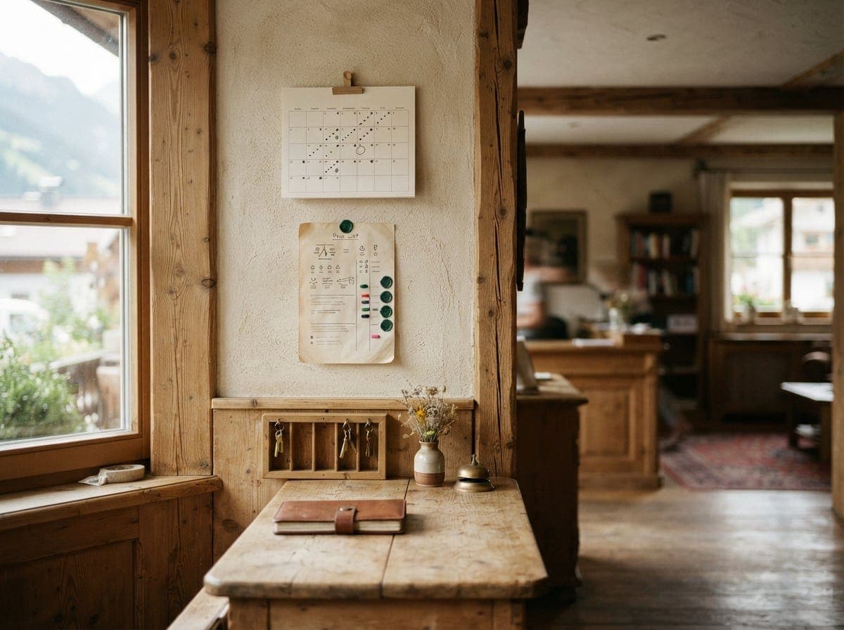 Bild: Wandkalender mit eingezeichneten Terminen und eine Infografik mit Symbolen und Farbmarkierungen an einer hellen Wand über einem Holzschreibtisch mit Notizbuch, Stift und Blumenvase in gedimmtem Licht.