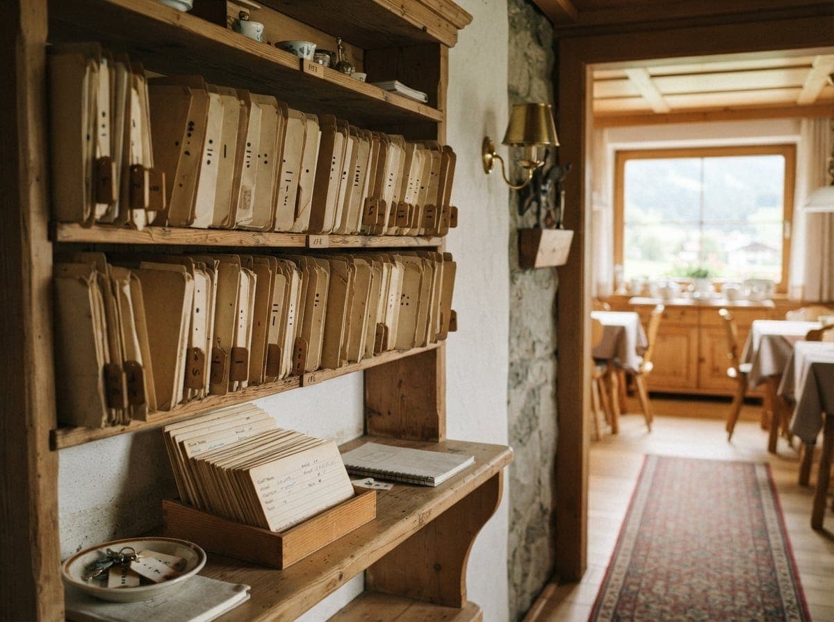 Bild: Holzregal an der Wand einer Hotelrezeption mit beschrifteten Karteikästen in zwei Reihen, darunter auf dem Schreibtisch Karteikarten und ein Schlüsselbrett, Blick durch die offene Tür in den Restaurantbereich mit Fenster.