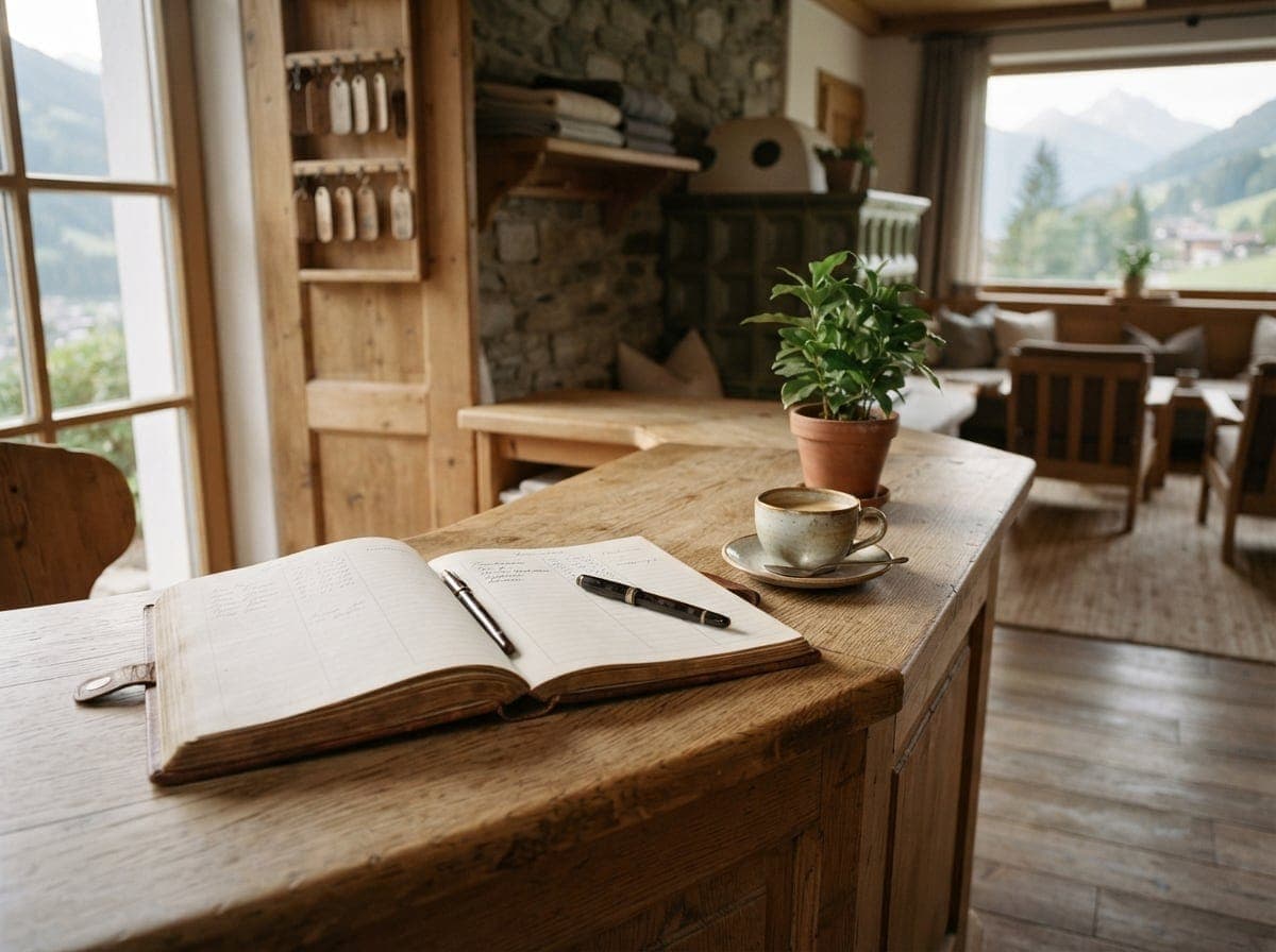 Bild: Holzschreibtisch in einer Boutique-Hotelrezeption mit offener Gästemappe, Stift, Keramiktasse mit Kaffee auf Untertasse und grüner Pflanze im Terrakottatopf, bergiger Ausblick durch große Fenster im Hintergrund, natürliches Licht.